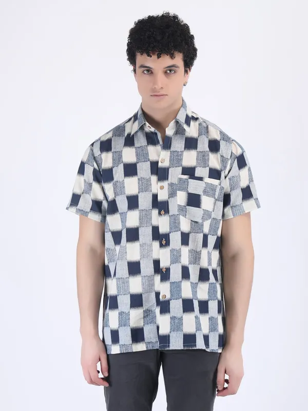 Blue_Cotton_Flex_Navy_Check_Summer_Shirt_For_Men
