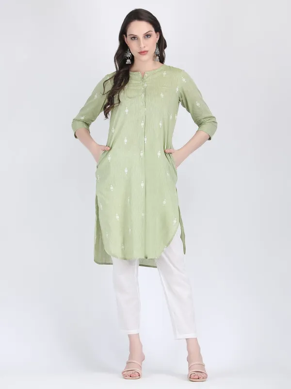 Green_Jamdani_Cotton_Self_Woven_Choga_Kurta_Set_For_Women