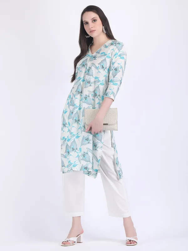 Blue_Cotton_Chanderi_Tulip_Pearl_Lace_Comfort_Wear_Kurta_Set_For_Women