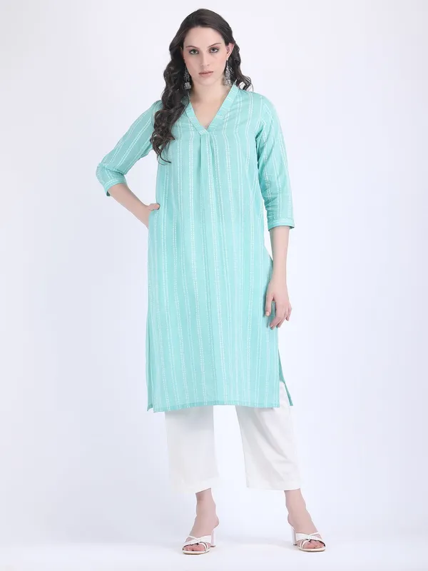 Light_Blue_Handloom_Cotton_Beach_Grass_Comfort_Wear_Kurta_Set_For_Women