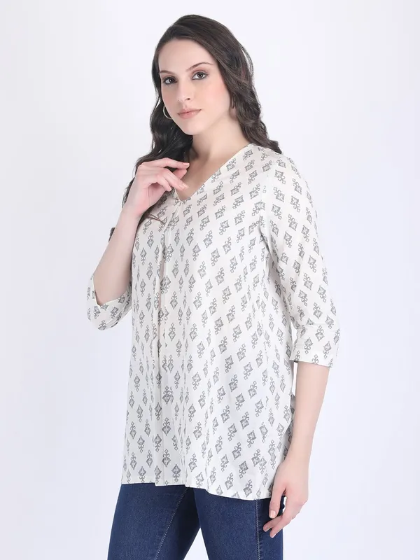 White_Cotton_Off_Grey_Print_A_Line_Kurti_For_Women