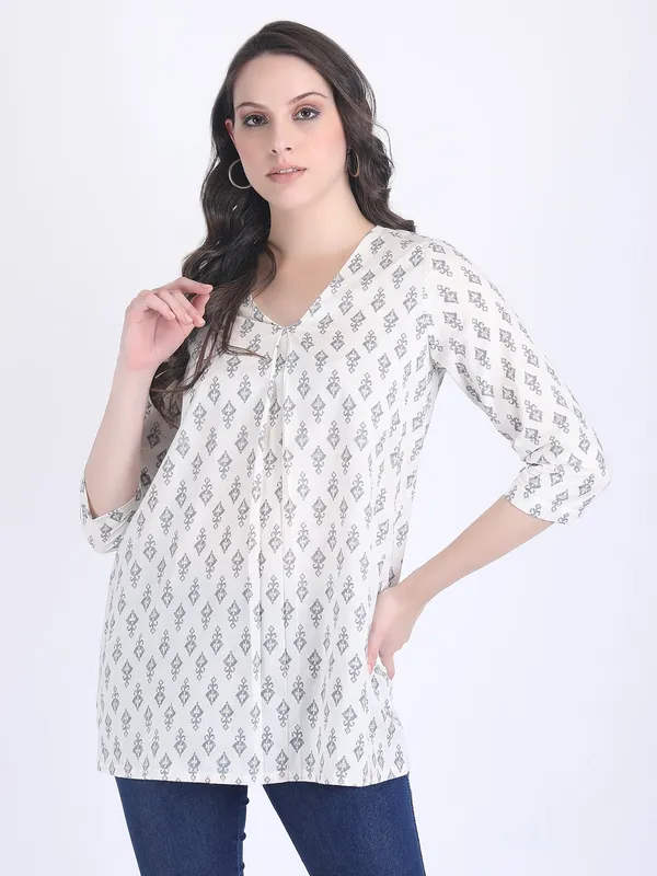 White_Cotton_Off_Grey_Print_A_Line_Kurti_For_Women