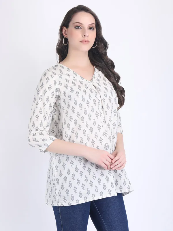 White_Cotton_Off_Grey_Print_A_Line_Kurti_For_Women