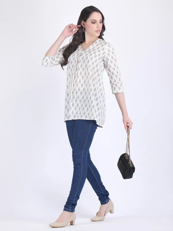 White_Cotton_Off_Grey_Print_A_Line_Kurti_For_Women