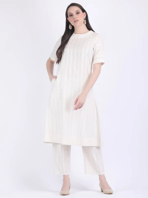 White_Cotton_Seed_Pearl_Self_Striped_A_Line_Kurta_Set_For_Women