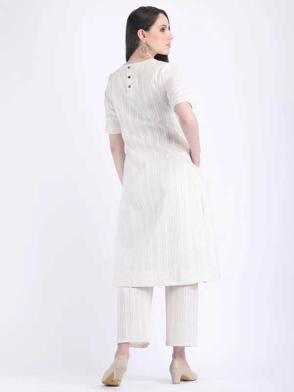 White_Cotton_Seed_Pearl_Self_Striped_A_Line_Kurta_Set_For_Women