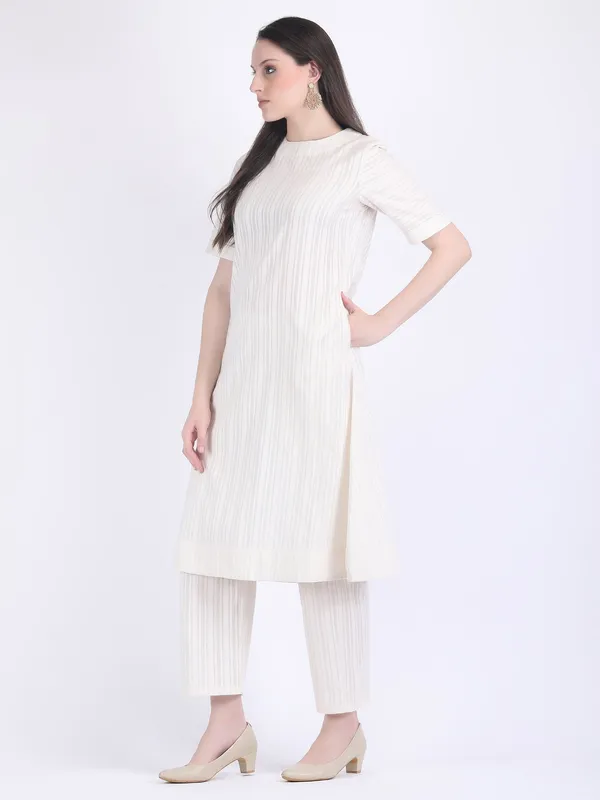 White_Cotton_Seed_Pearl_Self_Striped_A_Line_Kurta_Set_For_Women