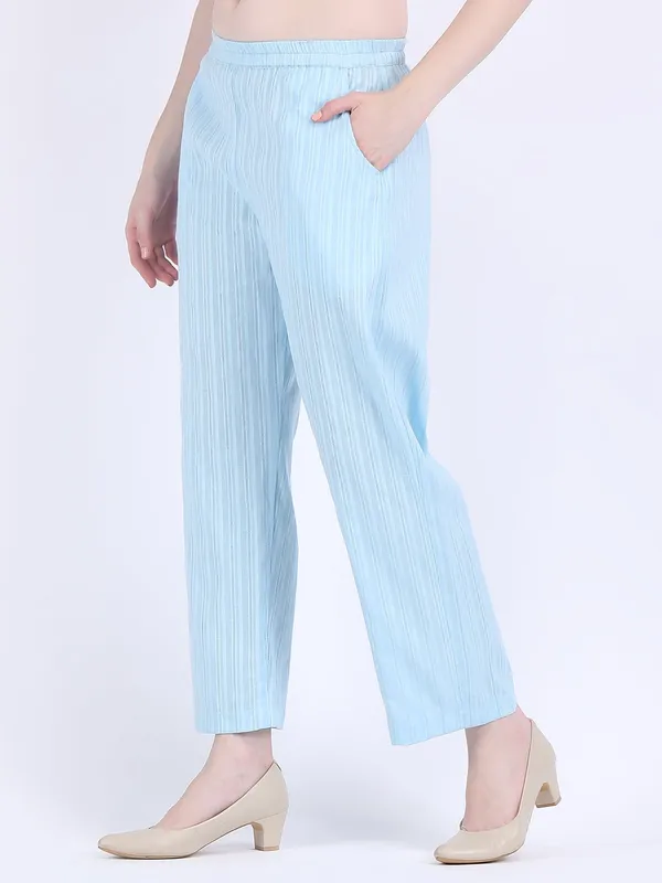 Blue_Cotton_Silver_Self_Striped_A_Line_Kurta_Set_For_Women