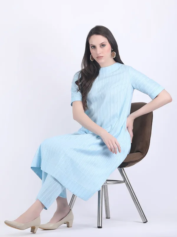 Blue_Cotton_Silver_Self_Striped_A_Line_Kurta_Set_For_Women