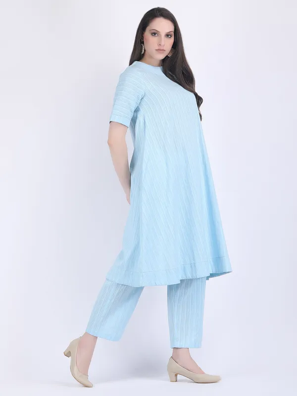 Blue_Cotton_Silver_Self_Striped_A_Line_Kurta_Set_For_Women