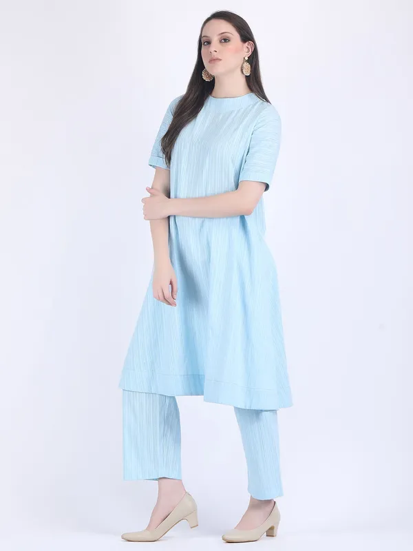 Blue_Cotton_Silver_Self_Striped_A_Line_Kurta_Set_For_Women