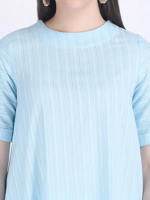 Blue_Cotton_Silver_Self_Striped_A_Line_Kurta_Set_For_Women