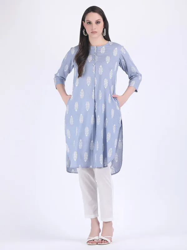 Blue_Cotton_Aqua_Self_Woven_Choga_Kurta_Set_For_Women