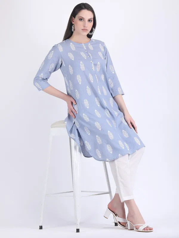 Blue_Cotton_Aqua_Self_Woven_Choga_Kurta_Set_For_Women