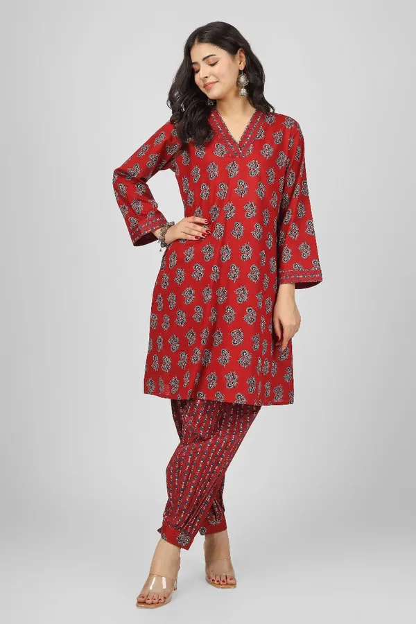Red_Cotton_Wine_Floral_Kurta_Pyjama_Set_For_Women