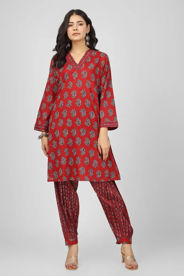 Red_Cotton_Wine_Floral_Kurta_Pyjama_Set_For_Women