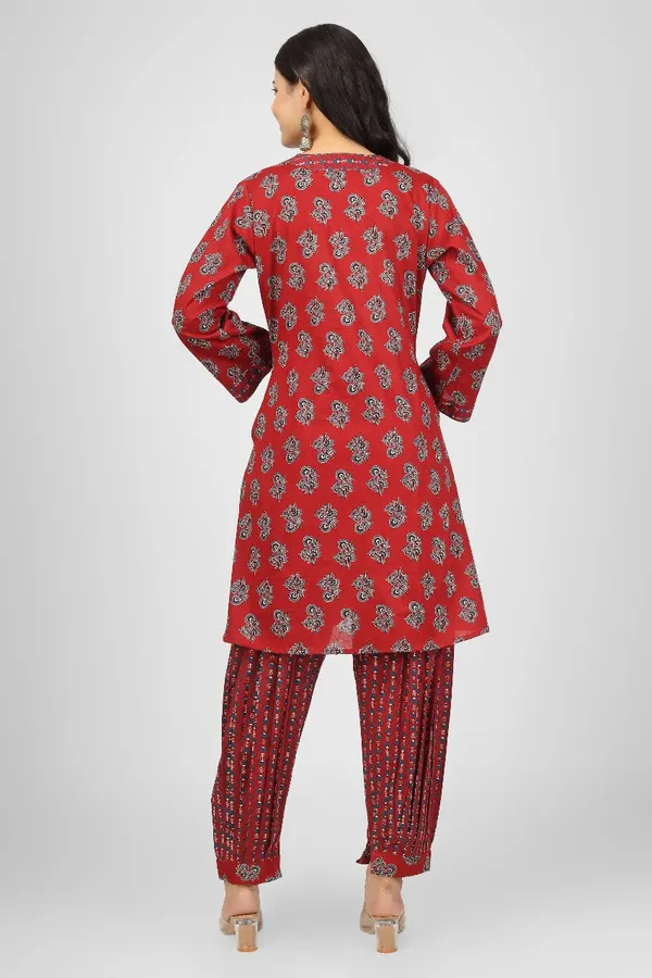 Red_Cotton_Wine_Floral_Kurta_Pyjama_Set_For_Women
