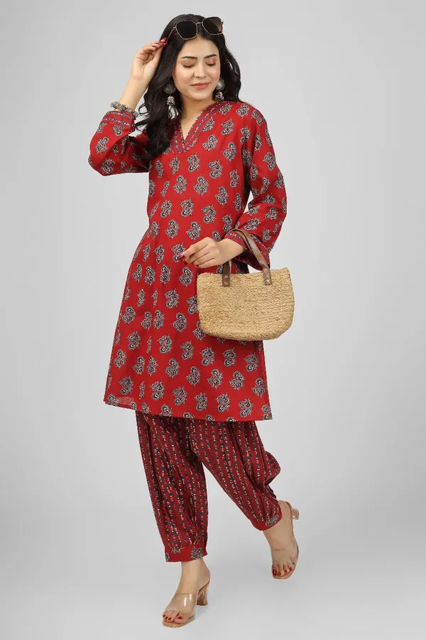 Red_Cotton_Wine_Floral_Kurta_Pyjama_Set_For_Women