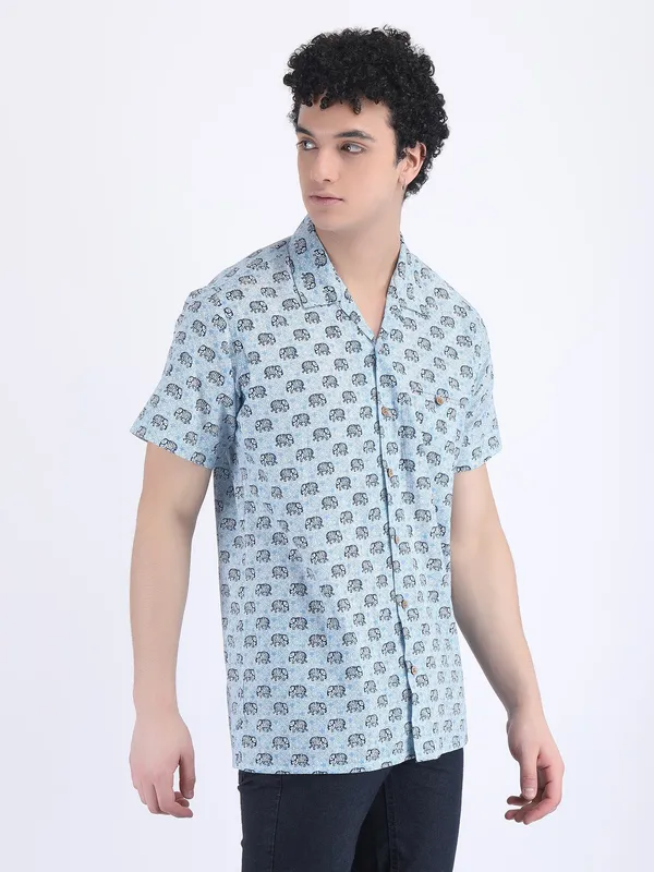 Blue_Cotton_Elephant_Print_Summer_Shirt_For_Men