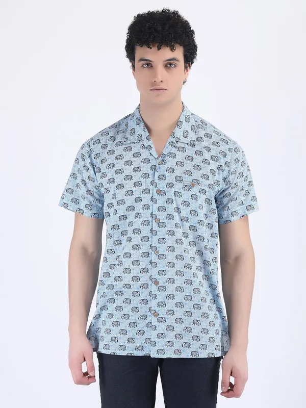 Blue_Cotton_Elephant_Print_Summer_Shirt_For_Men