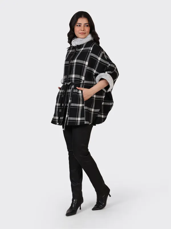 Black_Wool_Check_Woollen_Cape_Jacket_For_Women