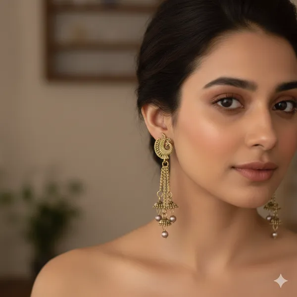 Gold_Alloy_Plated_Toned_Antique_Peacock_Jhumka_Earrings_With_Pearl_Droplets_Triple_Layered_Chains_For_Women