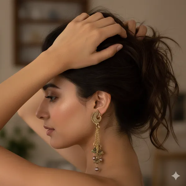 Gold_Alloy_Plated_Toned_Antique_Peacock_Jhumka_Earrings_With_Pearl_Droplets_Triple_Layered_Chains_For_Women