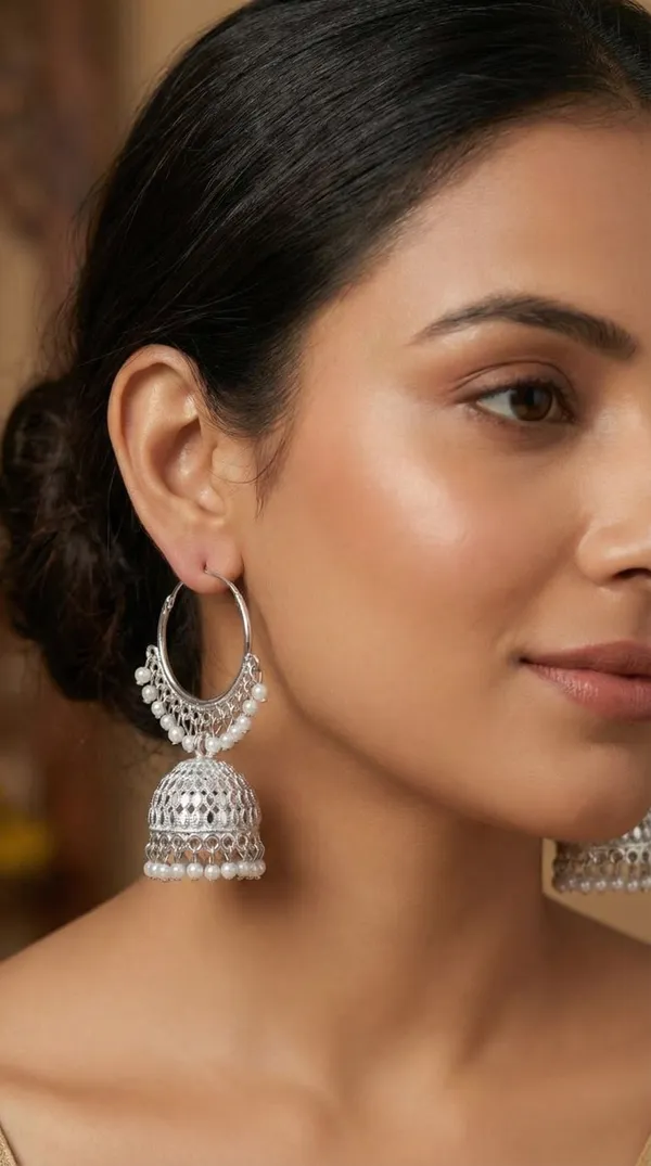 White_Silver_Plated_Alloy_Red_Bead_Accent_Hoop_Jhumka_Earrings_For_Women