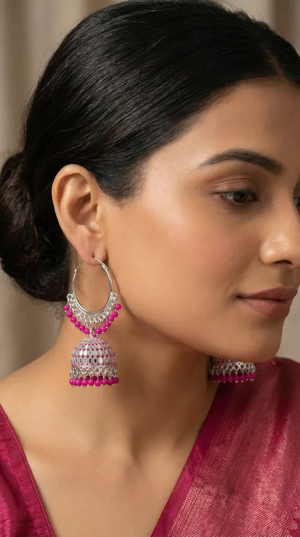 Pink_Silver_Plated_Alloy_Red_Bead_Accent_Hoop_Jhumka_Earrings_For_Women