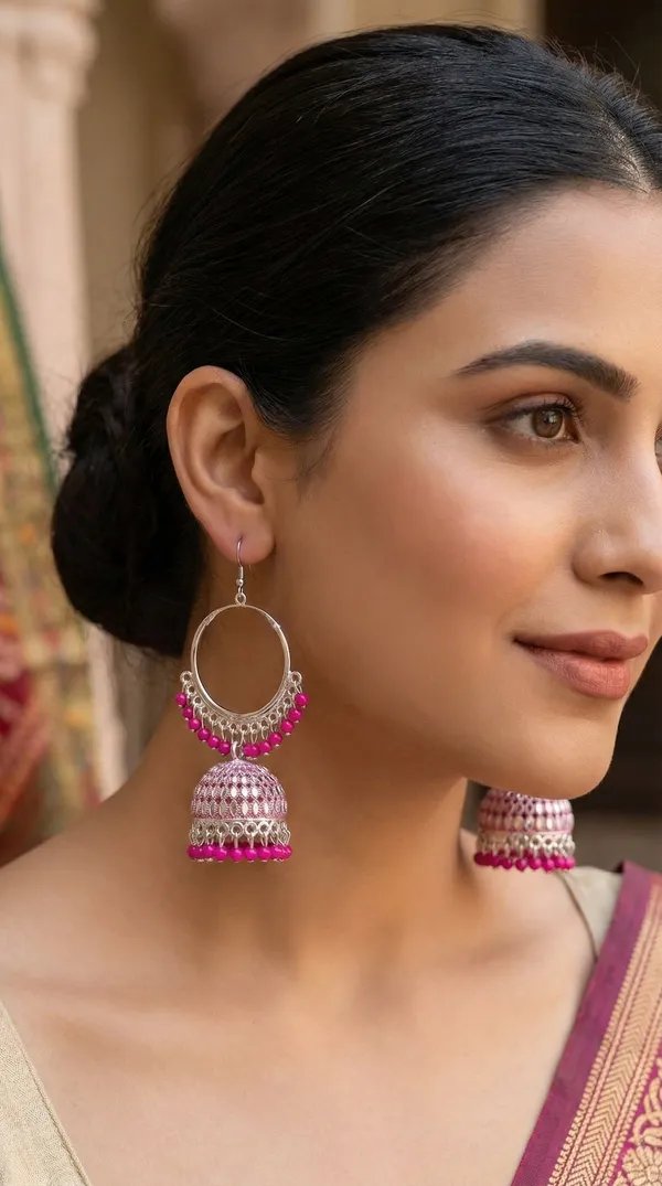 Green_Silver_Plated_Alloy_Red_Bead_Accent_Hoop_Jhumka_Earrings_For_Women