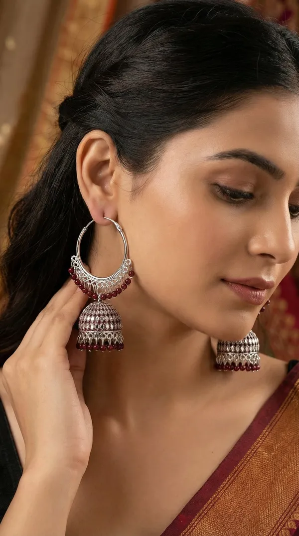 Brown_Silver_Plated_Alloy_Red_Bead_Accent_Hoop_Jhumka_Earrings_For_Women