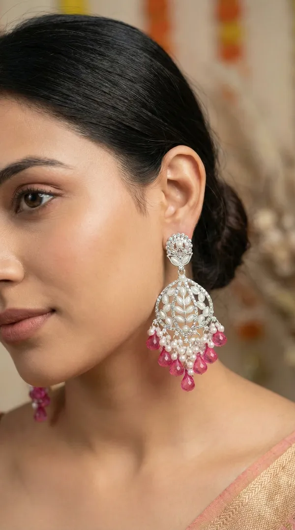 Pink_Silver_Plated_Alloy_Floral_Chandelier_Earrings_For_Women