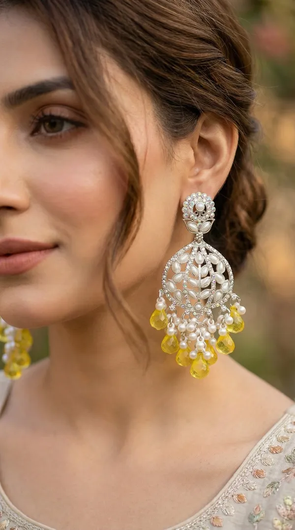 Yellow_Silver_Plated_Alloy_Floral_Chandelier_Earrings_For_Women