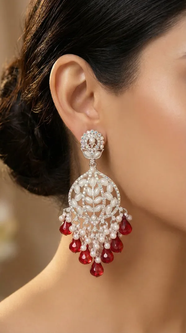 Beige_Silver_Plated_Alloy_Floral_Chandelier_Earrings_For_Women