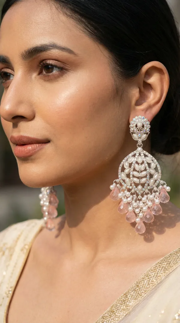 Beige_Silver_Plated_Alloy_Floral_Chandelier_Earrings_For_Women