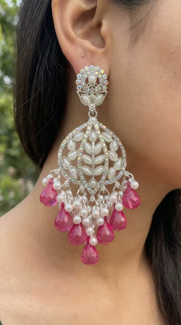 Beige_Silver_Plated_Alloy_Floral_Chandelier_Earrings_For_Women