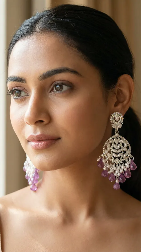Beige_Silver_Plated_Alloy_Floral_Chandelier_Earrings_For_Women