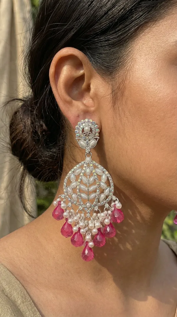Beige_Silver_Plated_Alloy_Floral_Chandelier_Earrings_For_Women