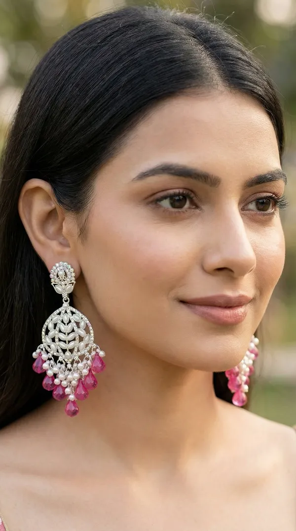 Beige_Silver_Plated_Alloy_Floral_Chandelier_Earrings_For_Women