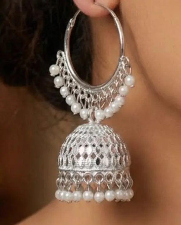 White_Silver_Plated_Alloy_Red_Bead_Accent_Hoop_Jhumka_Earrings_For_Women