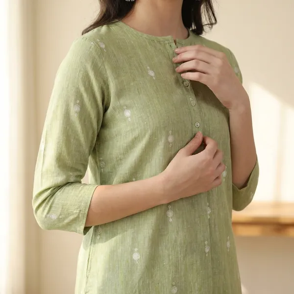 Green_Jamdani_Cotton_Self_Woven_Choga_Kurta_Set_For_Women