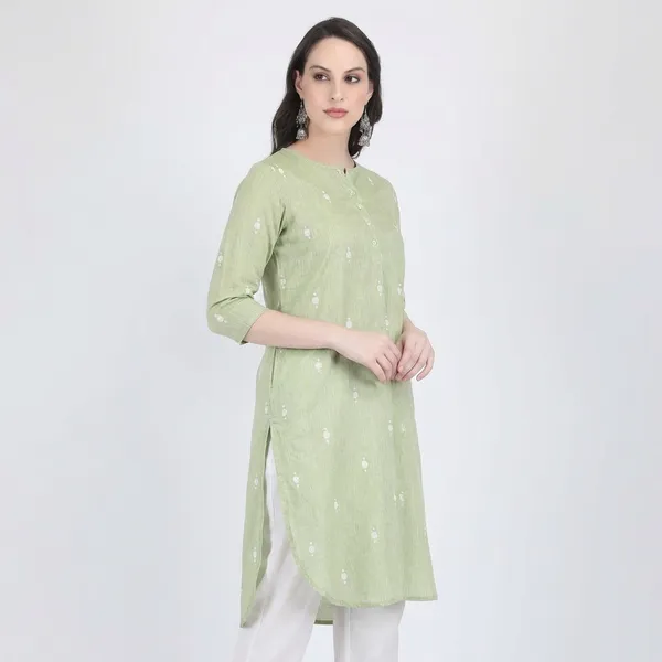 Green_Jamdani_Cotton_Self_Woven_Choga_Kurta_Set_For_Women
