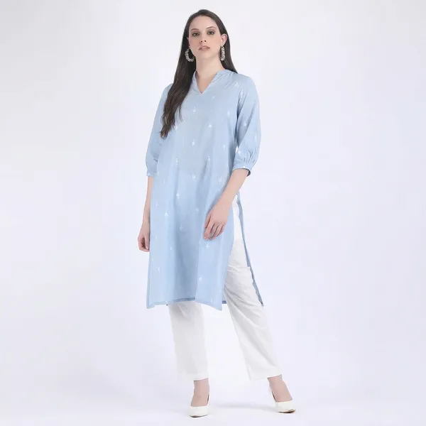Blue_Jamdani_Cotton_Comfort_Wear_Kurta_Set_For_Women