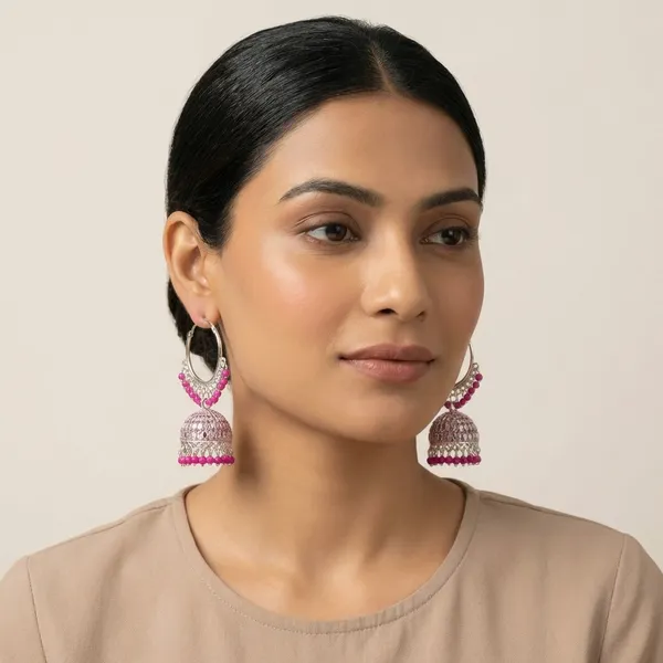 Pink_Silver_Plated_Alloy_Red_Bead_Accent_Hoop_Jhumka_Earrings_For_Women