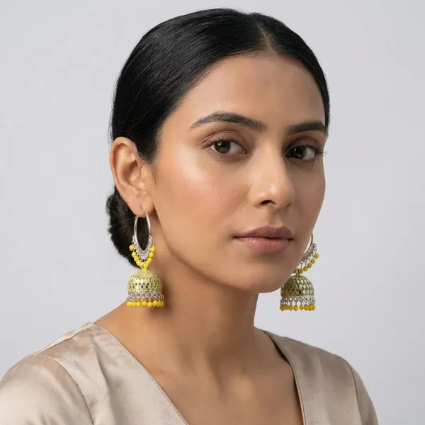 Yellow_Silver_Plated_Alloy_Red_Bead_Accent_Hoop_Jhumka_Earrings_For_Women