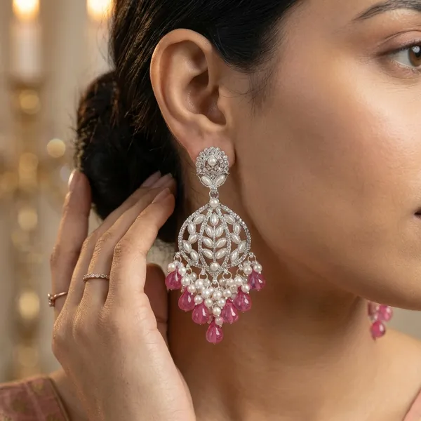 Pink_Silver_Plated_Alloy_Floral_Chandelier_Earrings_For_Women