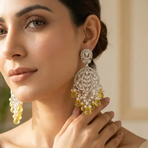 Yellow_Silver_Plated_Alloy_Floral_Chandelier_Earrings_For_Women