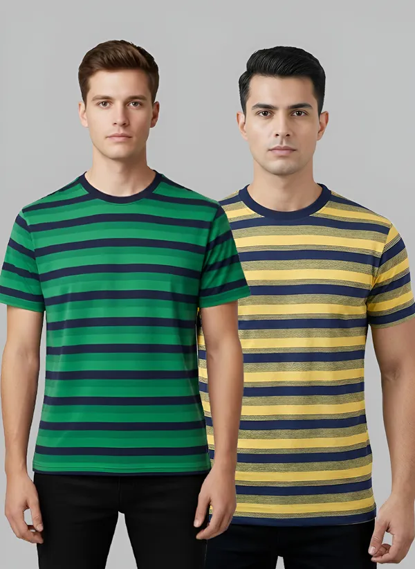 Degan_Men's__Cotton_Striped_T-Shirts,_Pack_of_2,_Green_and_Yellow,_Short_Sleeve,_Crew_Neck,_Casual_Wear
