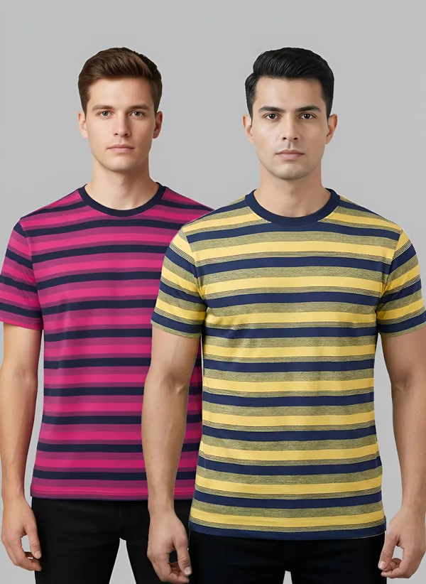 Degan_Men's__Cotton_Striped_T-Shirts,_Pack_of_2,_Green_and_Yellow,_Short_Sleeve,_Crew_Neck,_Casual_Wear