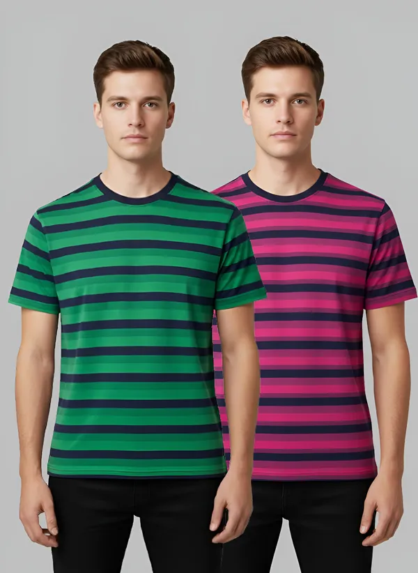 Degan_Men's__Cotton_Striped_T-Shirts,_Pack_of_2,_Green_and_Yellow,_Short_Sleeve,_Crew_Neck,_Casual_Wear